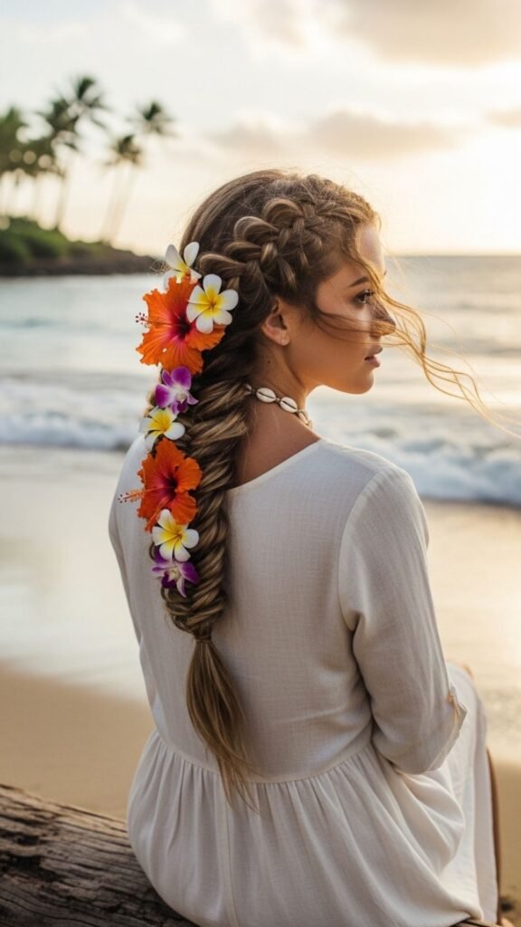 Relaxed beach braid with soft floral accents.
