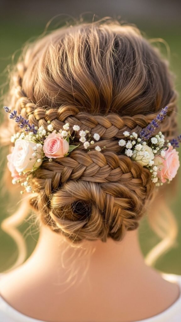 Braided bun decorated with romantic fresh flowers.
