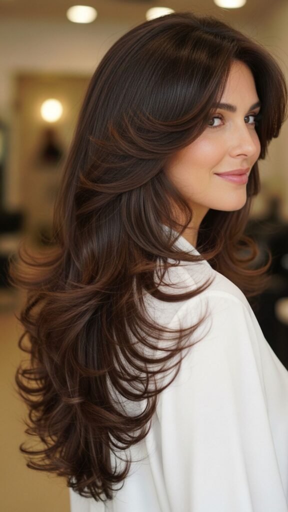 Long hair styled with classic butterfly layers for soft volume and natural movement.