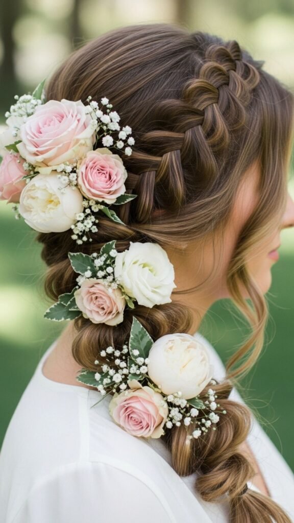 Elegant side braid with delicate floral accents.
