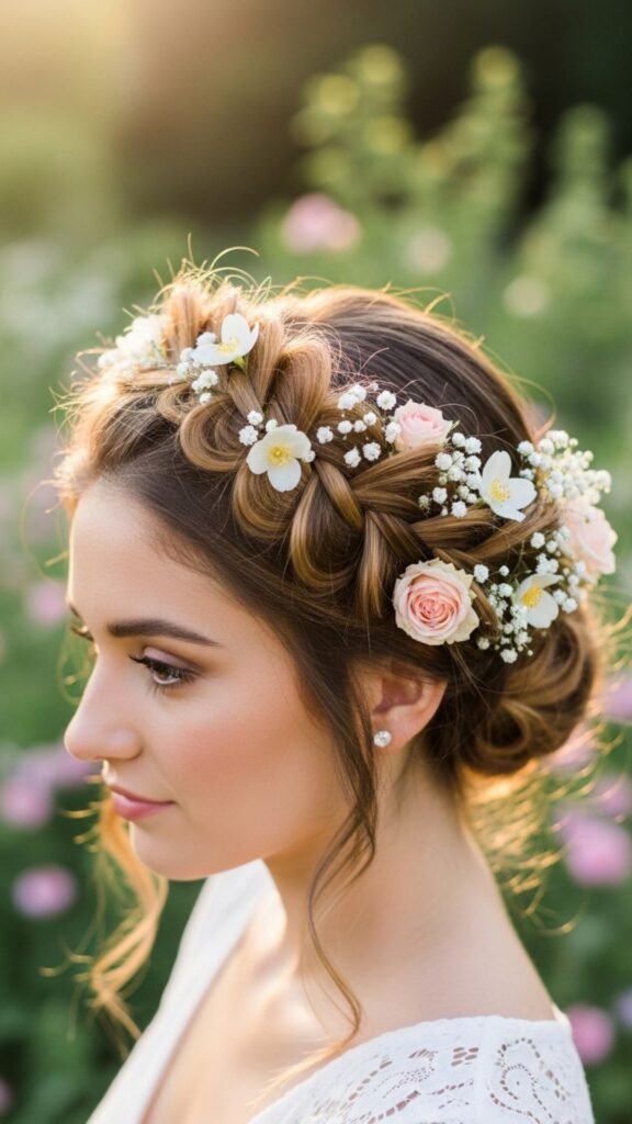 Crown braid finished with soft floral decorations.
