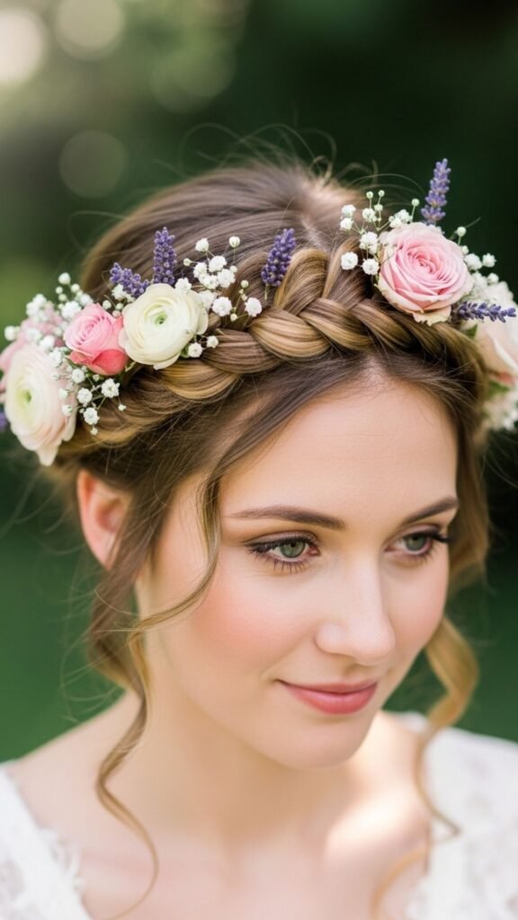 Raised Dutch braid styled with romantic floral touches.
