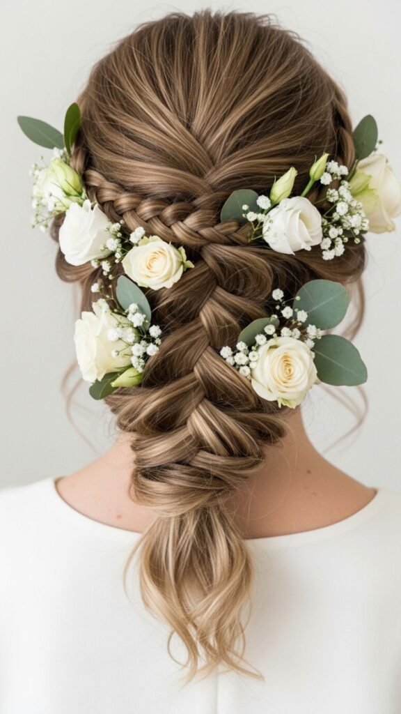 Bridal floral braid with a timeless romantic finish.

