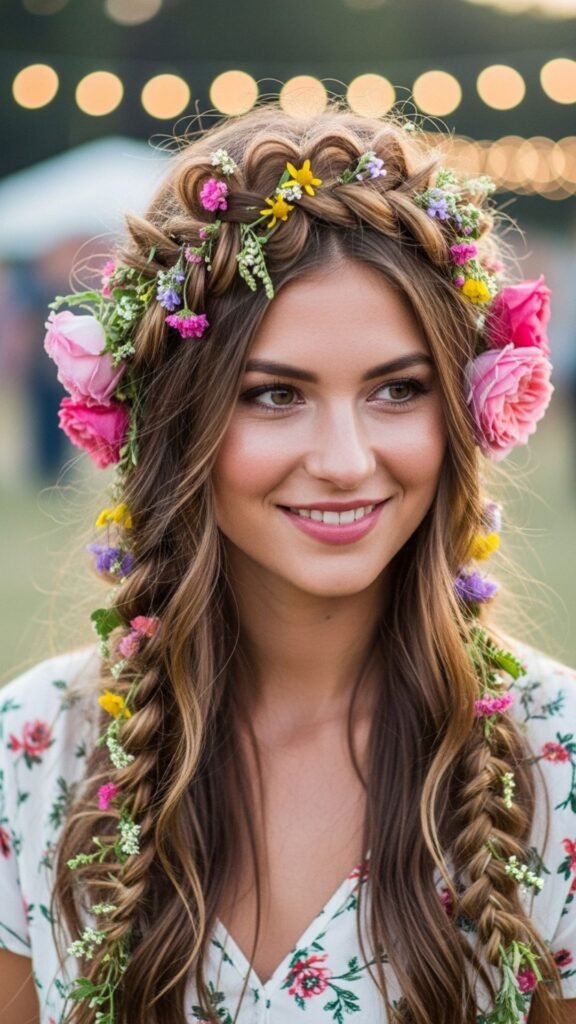 Festival-inspired floral braid with a boho finish.
