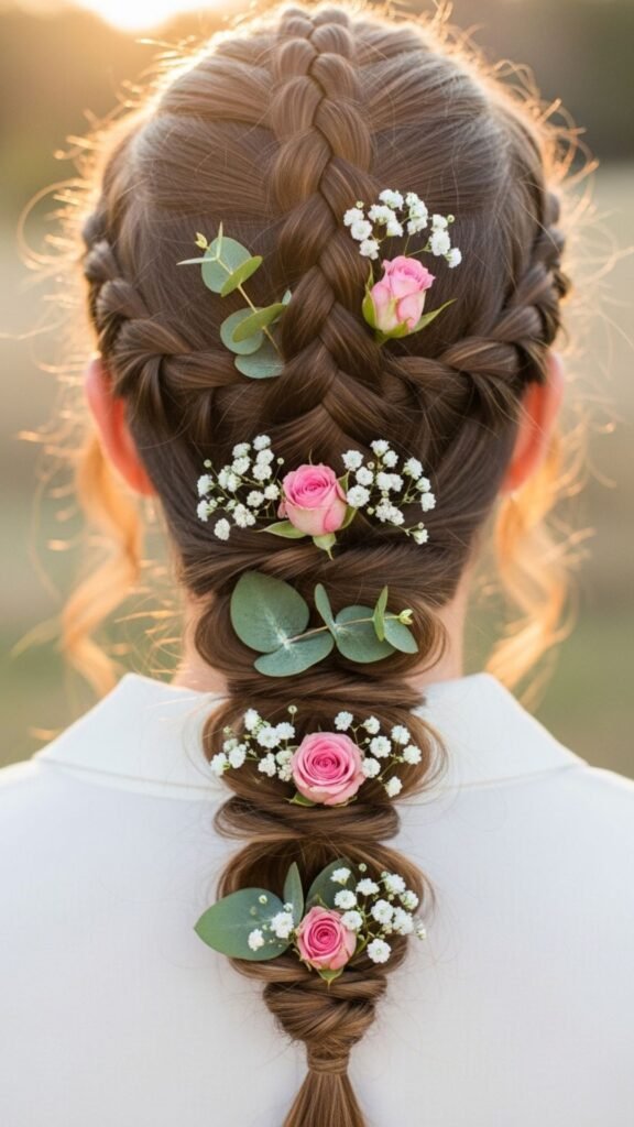 Classic French braid woven with fresh flowers.
