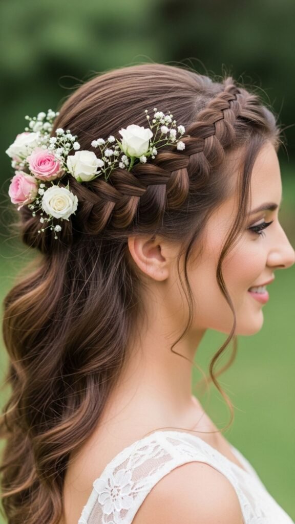 Half-up braid with elegant flower embellishments.


