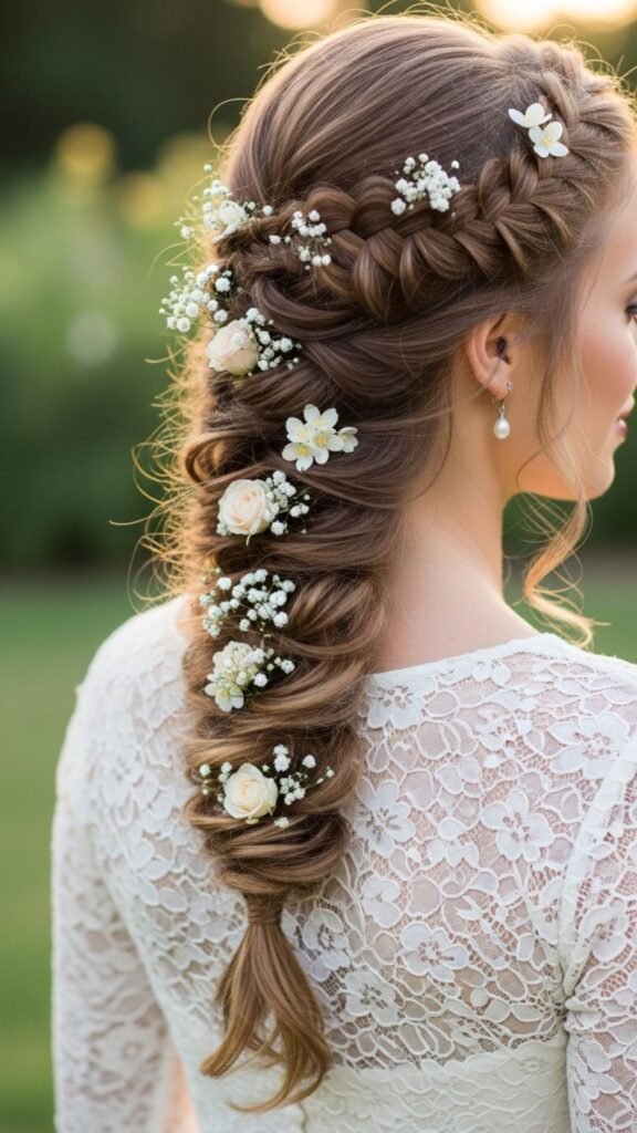 Long braid styled with elegant floral hair pins.
