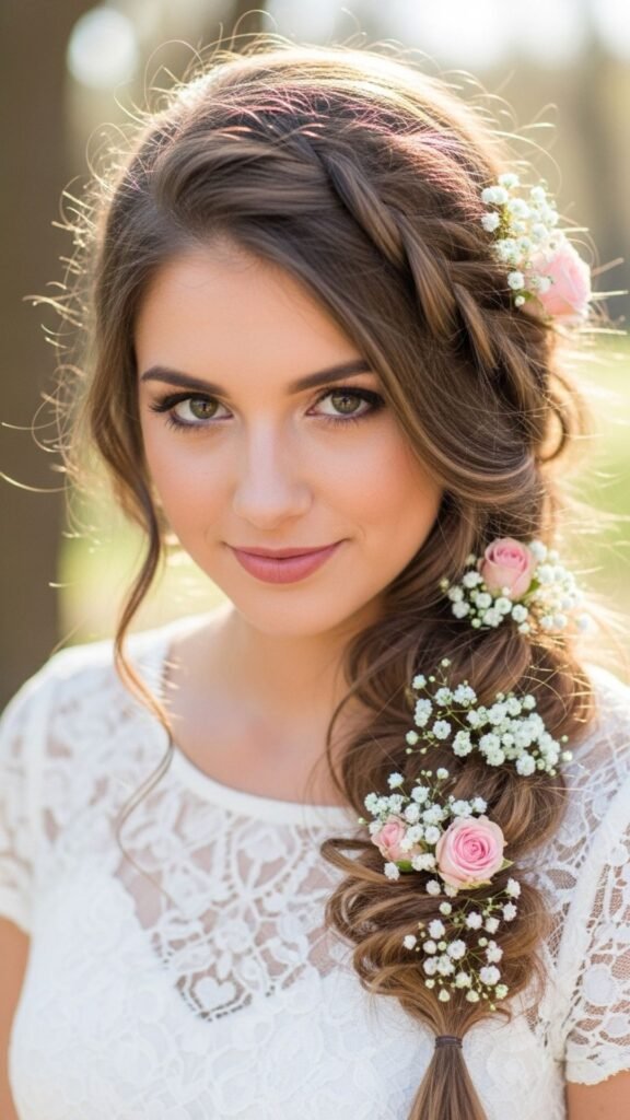 Loose braid decorated with tiny baby flowers.

