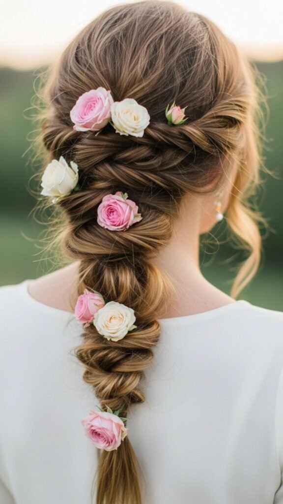 Low braid accented with elegant rose flowers.
