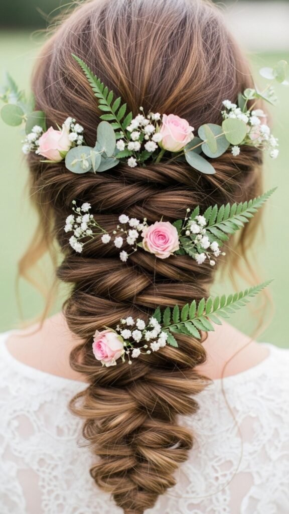Textured fishtail braid featuring beautiful floral details.
