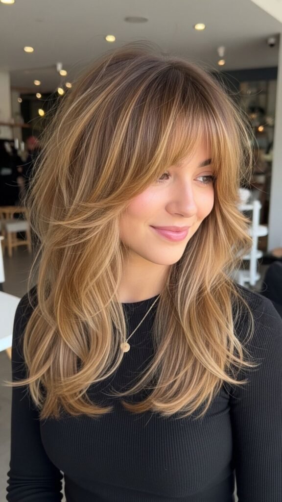 Modern butterfly layers with contemporary styling for a fresh and fashionable long-hair look.