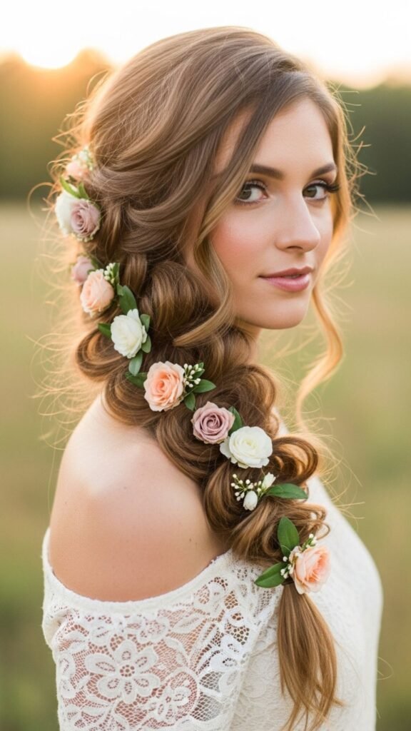 Side-swept boho braid featuring floral accents.

