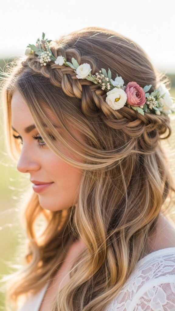 Boho-crowned braid adorned with soft, fresh flowers.
