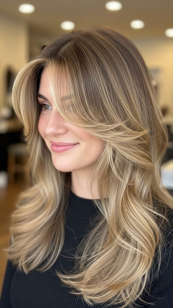 Long butterfly layers softly framing the face for an elegant and flattering look.
