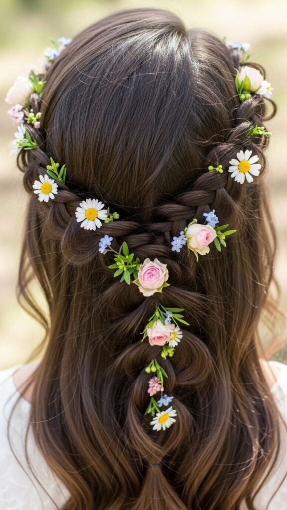 Twisted braid enhanced with delicate flower details.
