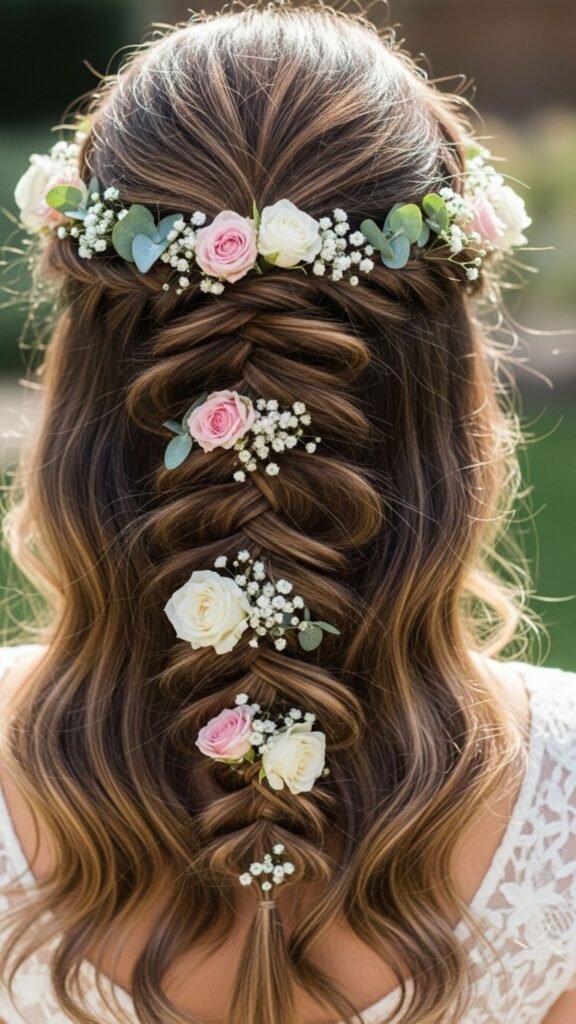 Waterfall braid enhanced with delicate floral accents.
