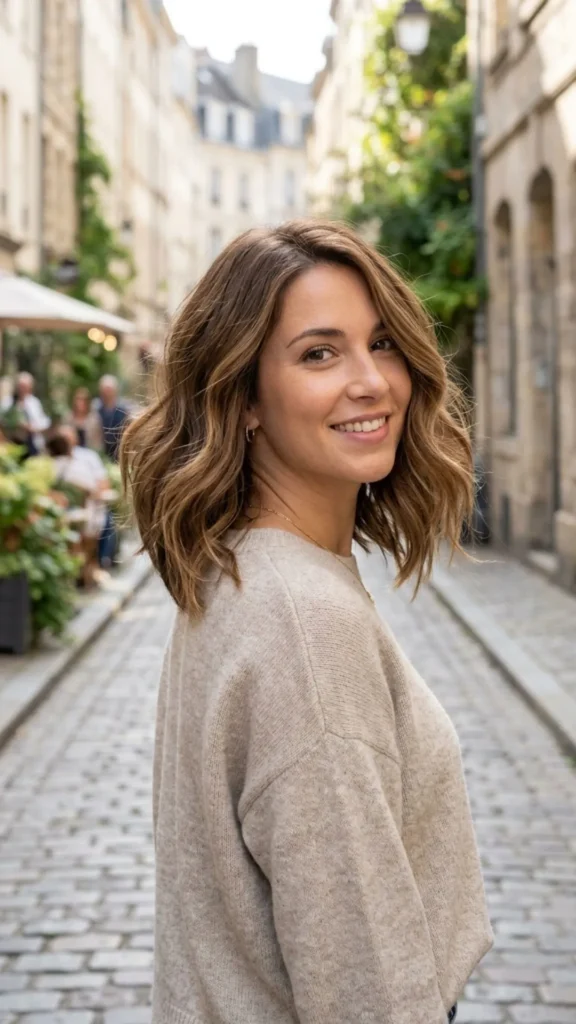 Angled lob haircut with longer front layers creating natural body and movement for thin hair.