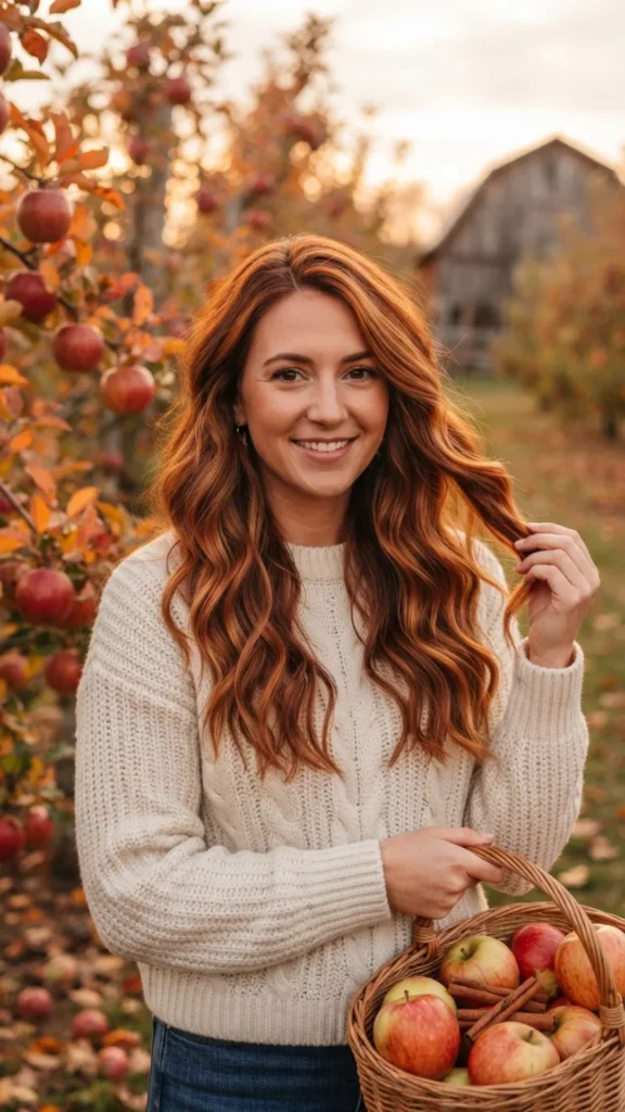 Apple cinnamon hair color blending warm red and brown shades.
