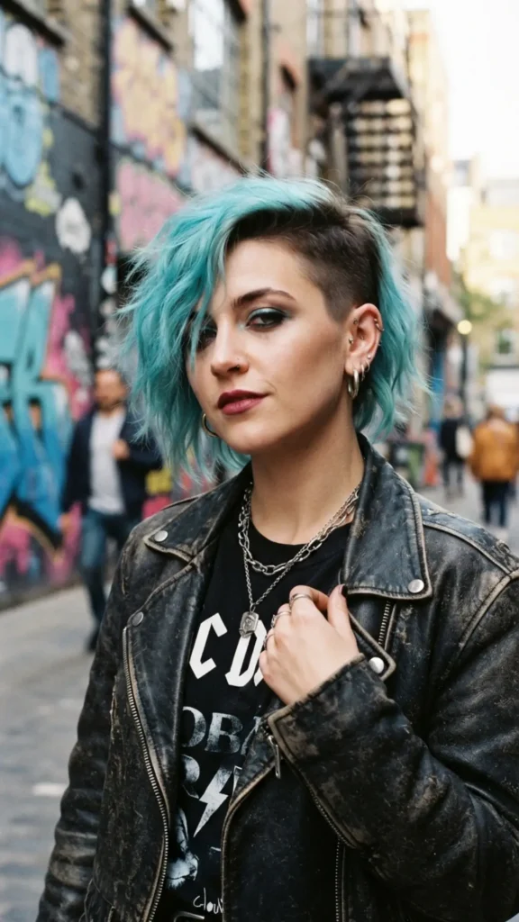 Modern edgy haircut featuring a vibrant aquamarine hair color.
