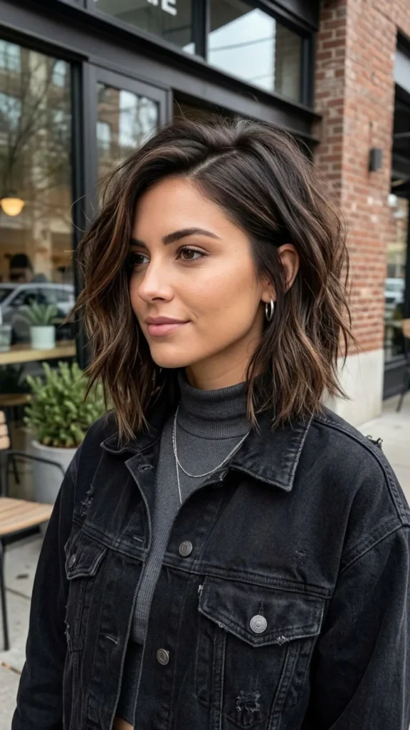 Asymmetrical lob haircut creates a modern, stylish look with added dimension for fine hair.