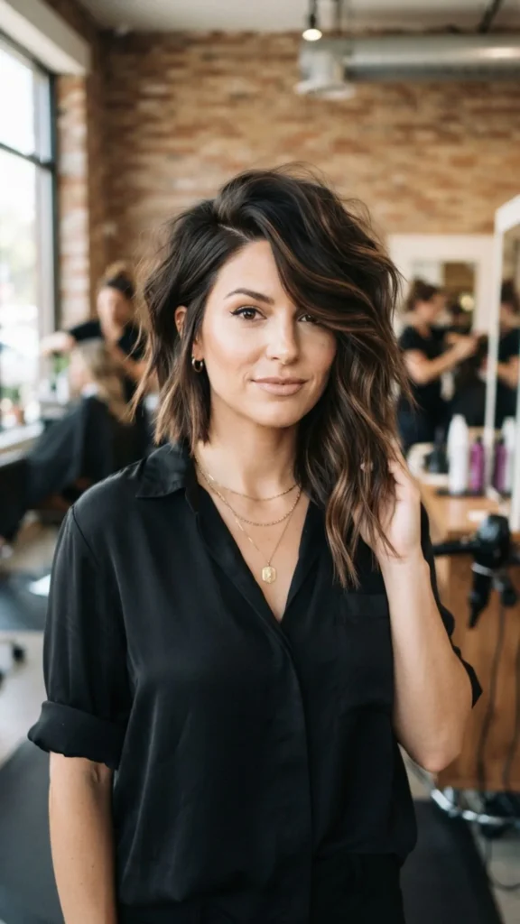 Asymmetrical shag hairstyle with dramatic side part and uneven layers