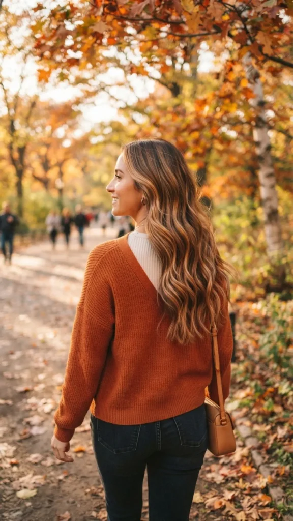 Autumn balayage highlights adding warm dimension to brunette hair.
