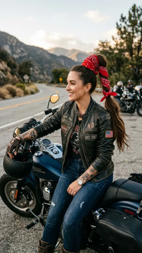 Low ponytail wrapped with a colorful bandana for a fun and stylish biker look.
