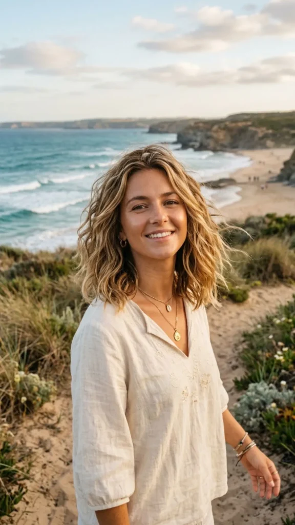 Beachy-textured lob hairstyle with loose waves creating effortless volume and dimension.