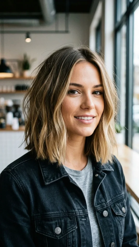 Blunt lob haircut with even ends creating a fuller and thicker appearance