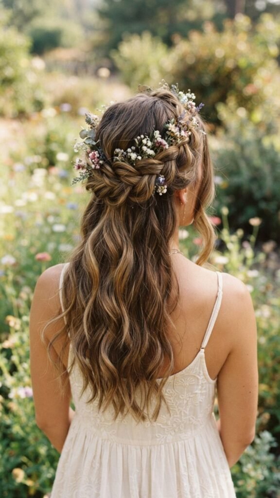 Boho half-up braided crown with soft, flowing hair.
