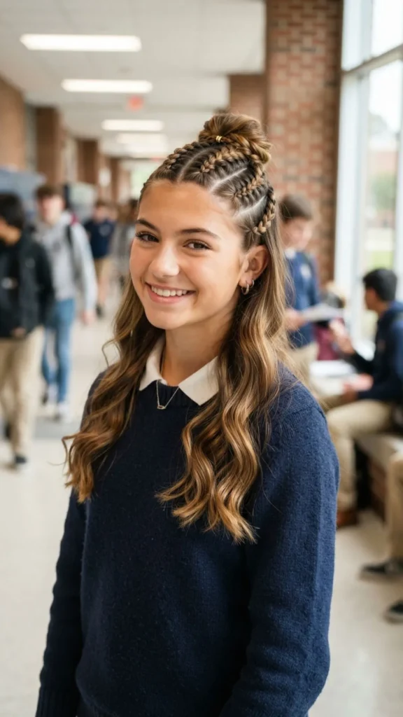 Bold braided half-updo with a sophisticated finish for school days
