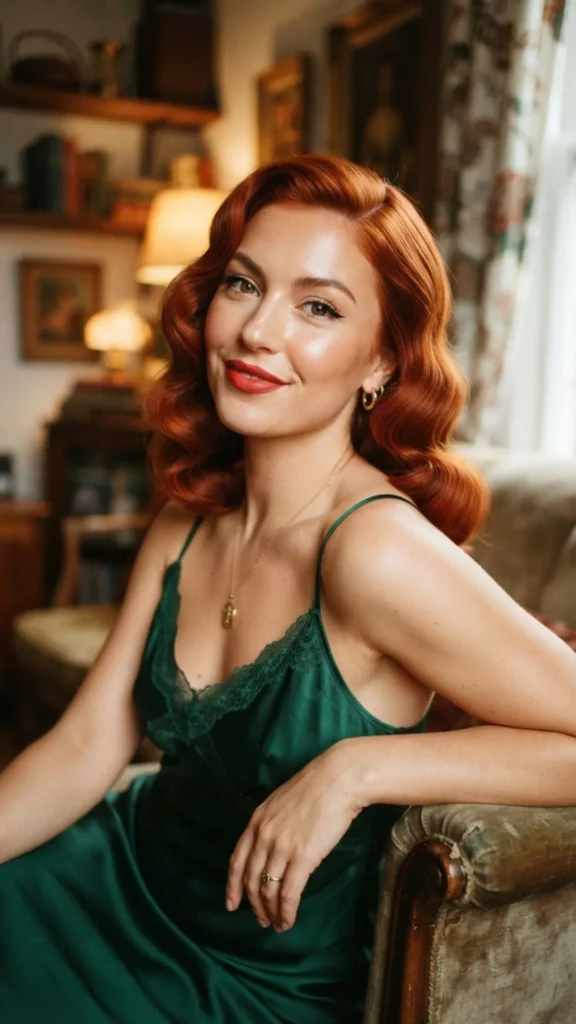 Bold copper red hair color styled with soft vintage waves.
