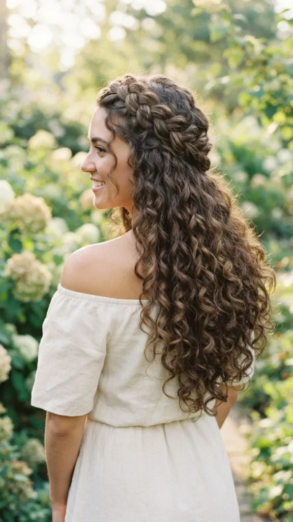 Braided crown hairstyle with long, voluminous curls for an elegant and romantic look.
