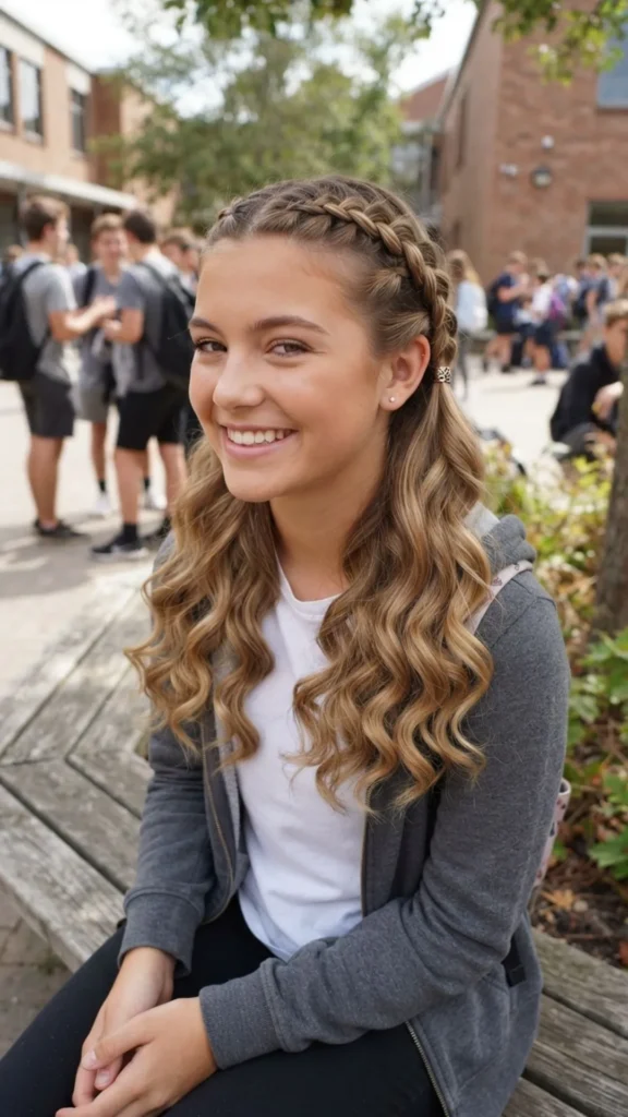 Detailed braids combined with loose soft curls for an elegant school hairstyle
