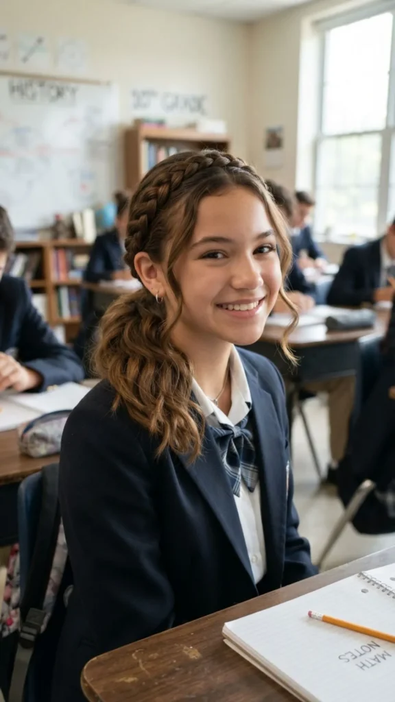 Braided headband hairstyle for a pretty and polished school morning style. 