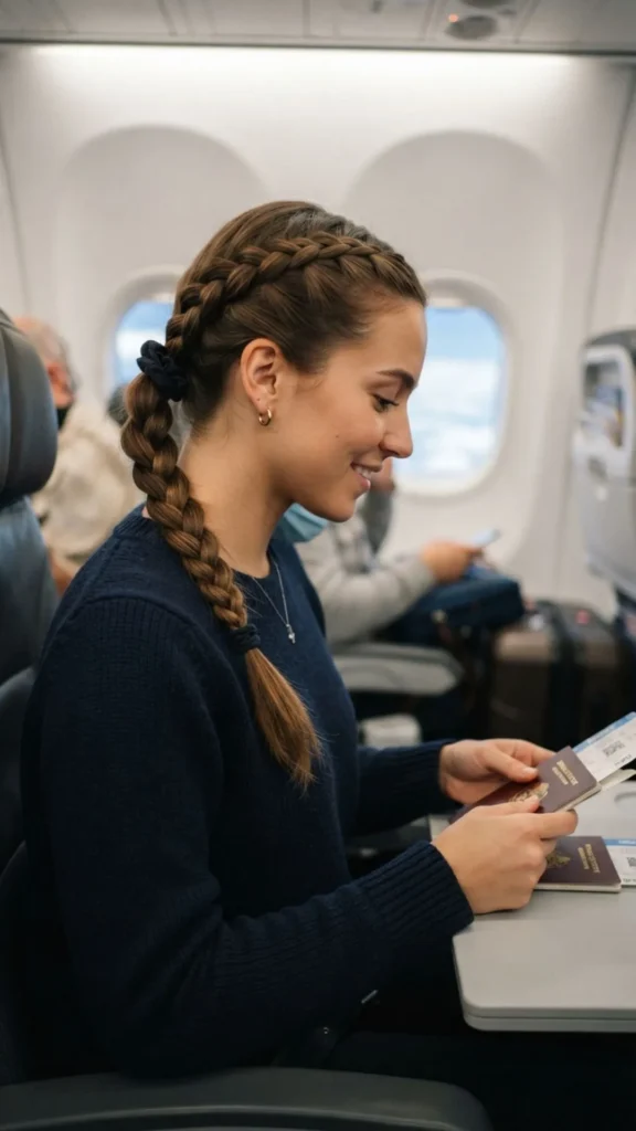 Braided low ponytail for a stylish, comfortable, and effortless airplane trip
