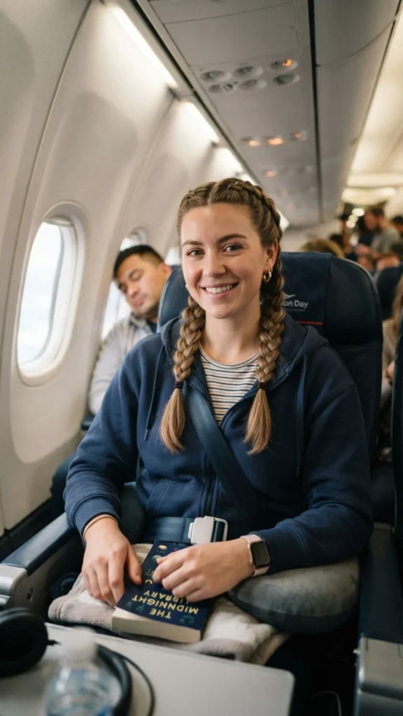 Braided pigtails for a cute, comfortable, and practical long-flight hairstyle
