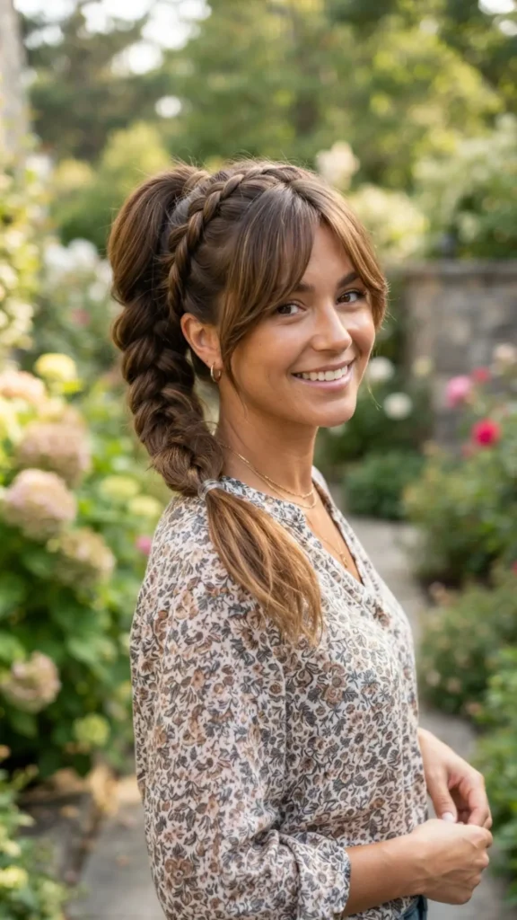 Braided ponytail hairstyle with stylish side bangs.
