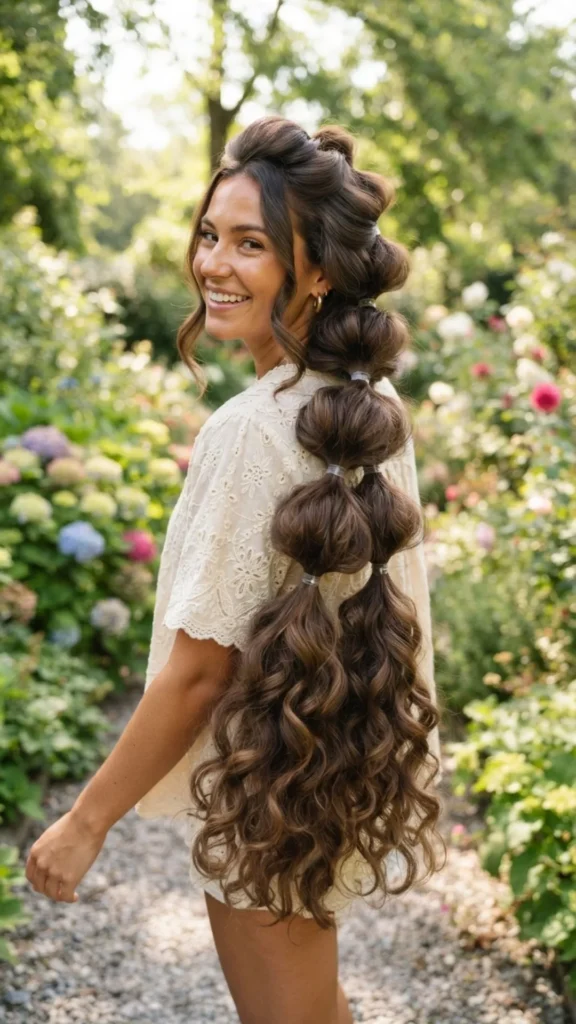 Bubble braid hairstyle for long hair with loose curls for a playful and trendy look.