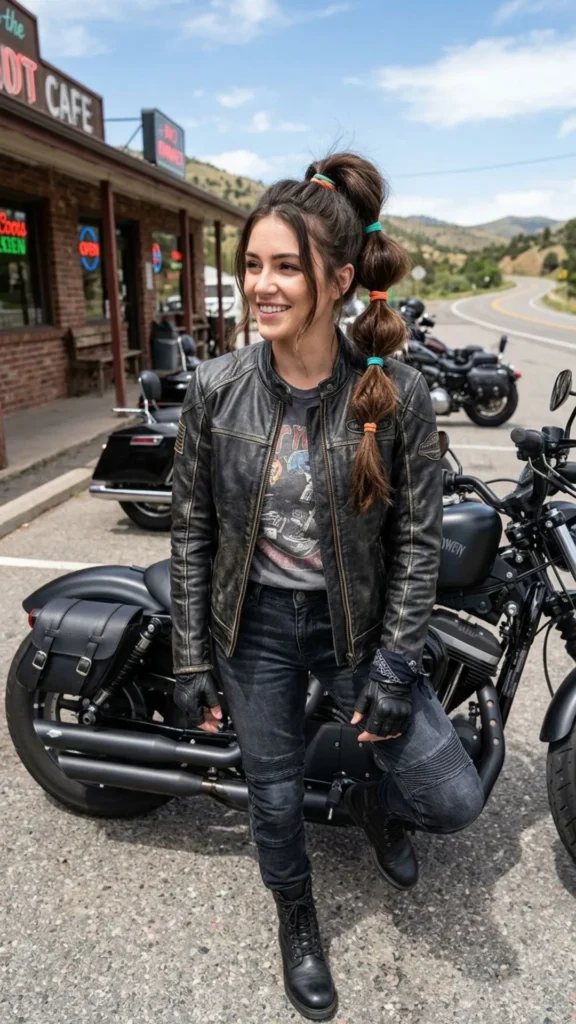 Bubble ponytail featuring playful sections for a modern and practical biker hairstyle.
