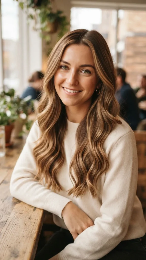 Caramel brown hair enhanced with soft, face-flattering highlights.
