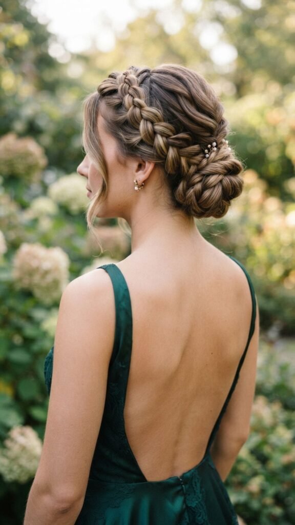 Braided low updo with a stylish side braid for elegant occasions.
