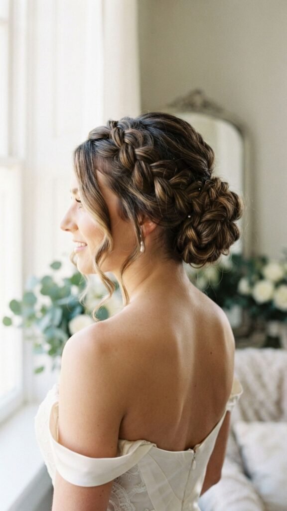Braided updo with loose tendrils for a graceful, feminine style.
