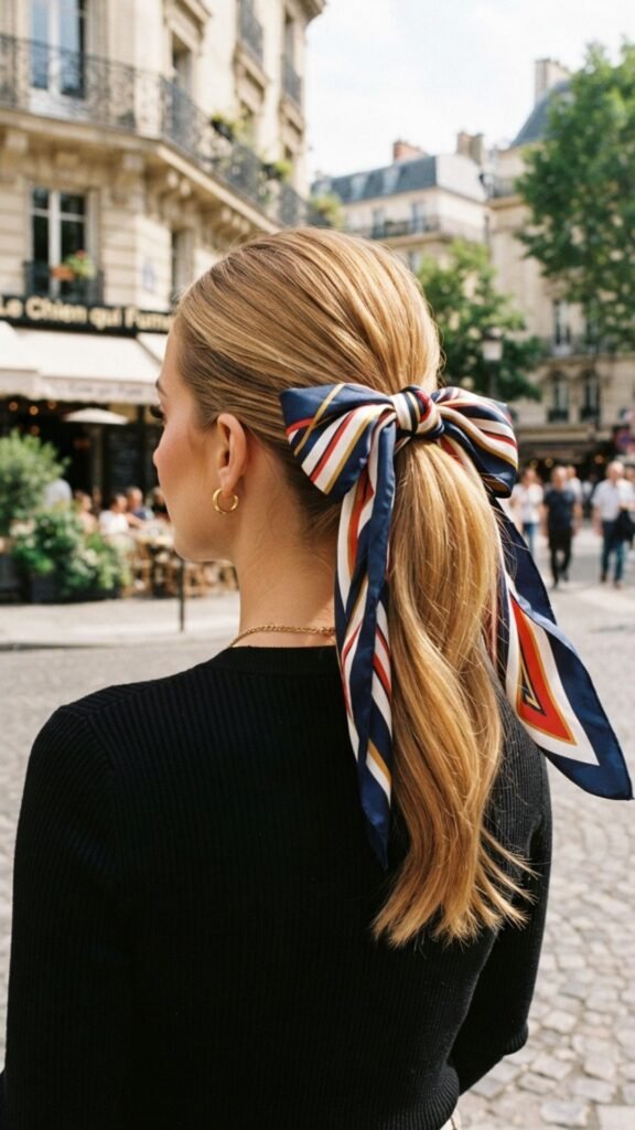 High ponytail wrapped with a stylish scarf for a chic finish.

