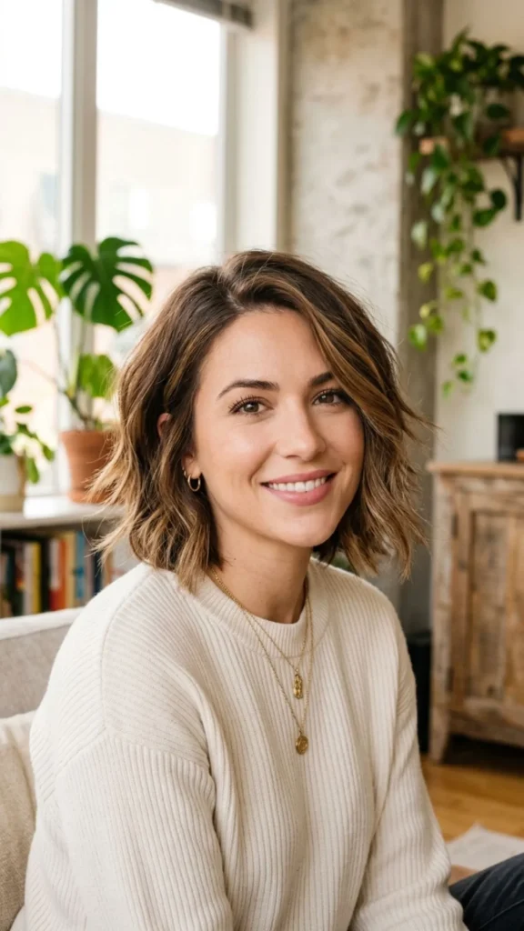 Chin-length lob with feathered ends creating light movement and volume for thin hair.
