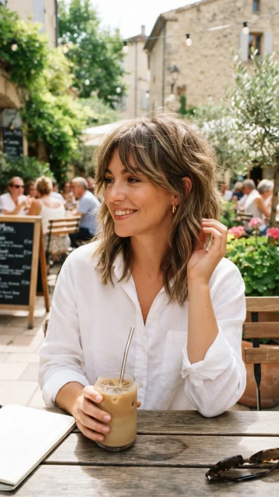 Choppy shag haircut with side-swept bangs and textured layered ends