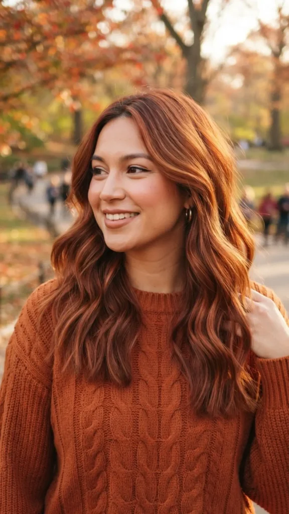 Rich cinnamon-brown hair with a warm reddish-brown dimension.
