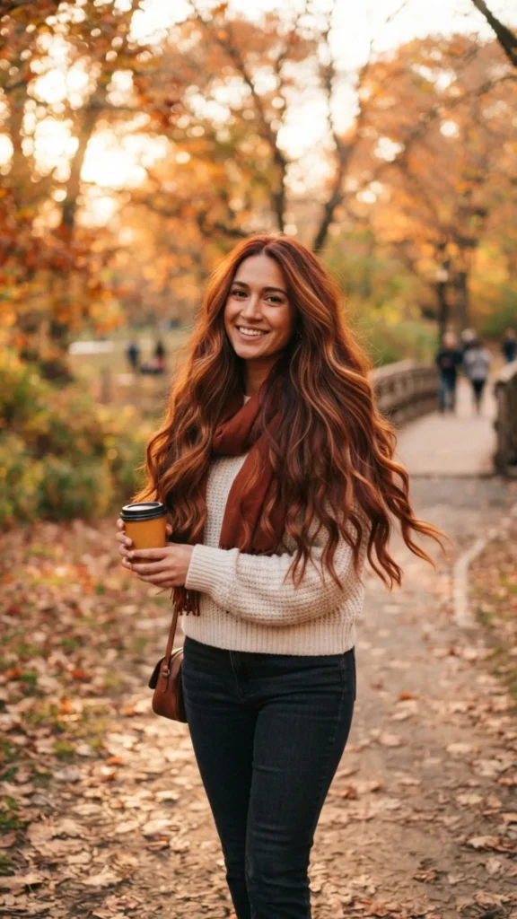 Cinnamon spice long hair with rich warm autumn tones.
