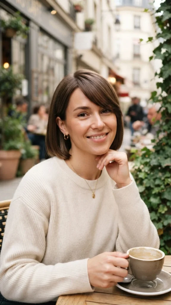 Classic bob haircut featuring stylish side bangs.