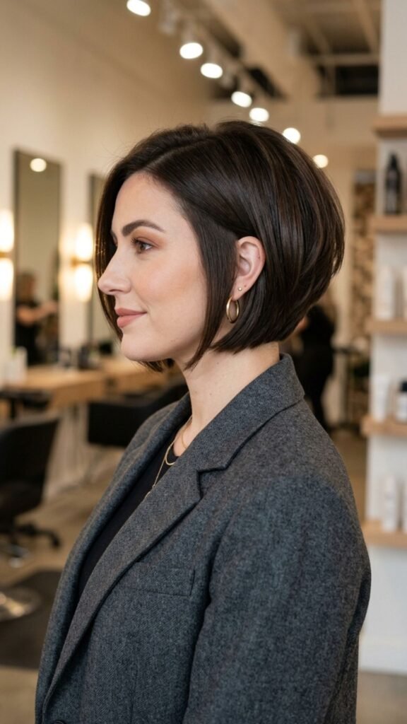 Graduated bob with stacked layers creating volume and a timeless structured shape